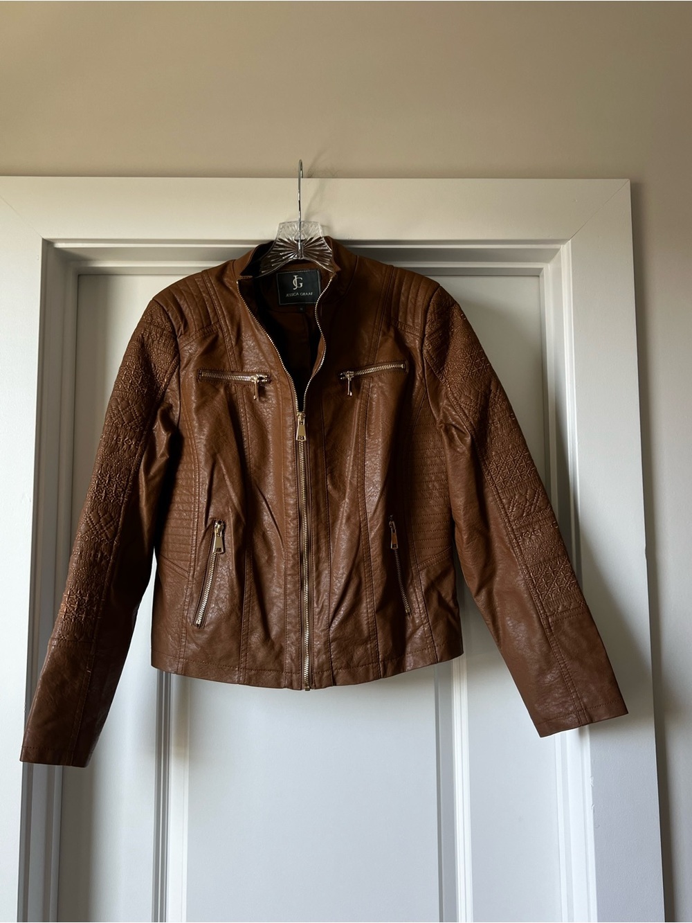 Jessica Graff caramel tan Leather jacket Zip-Front Moto faux leather BRAND NEW